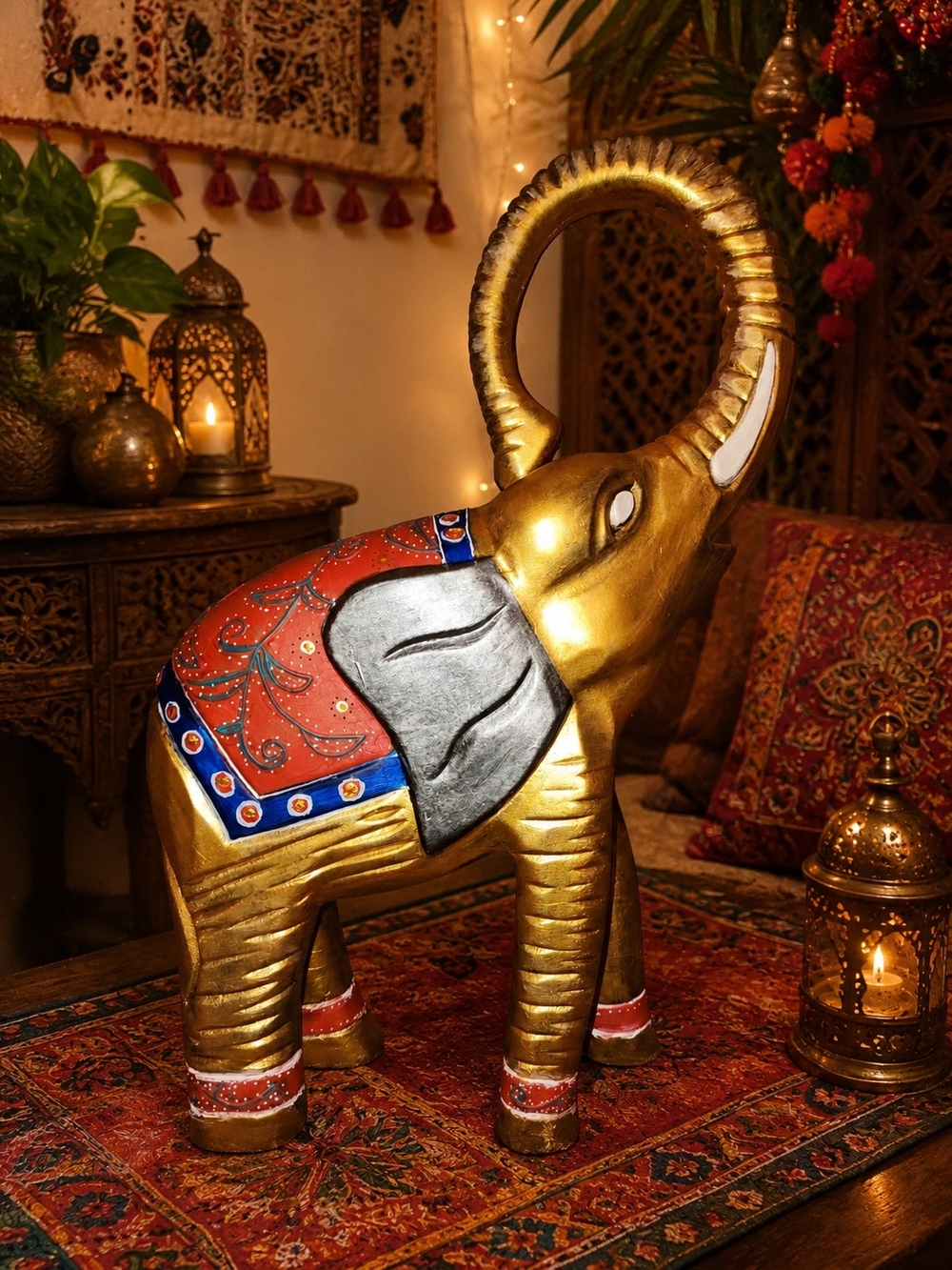 15" TALL Wooden Gold Elephant Figurine Statue Handpainted Boho Chic Lucky Trunk